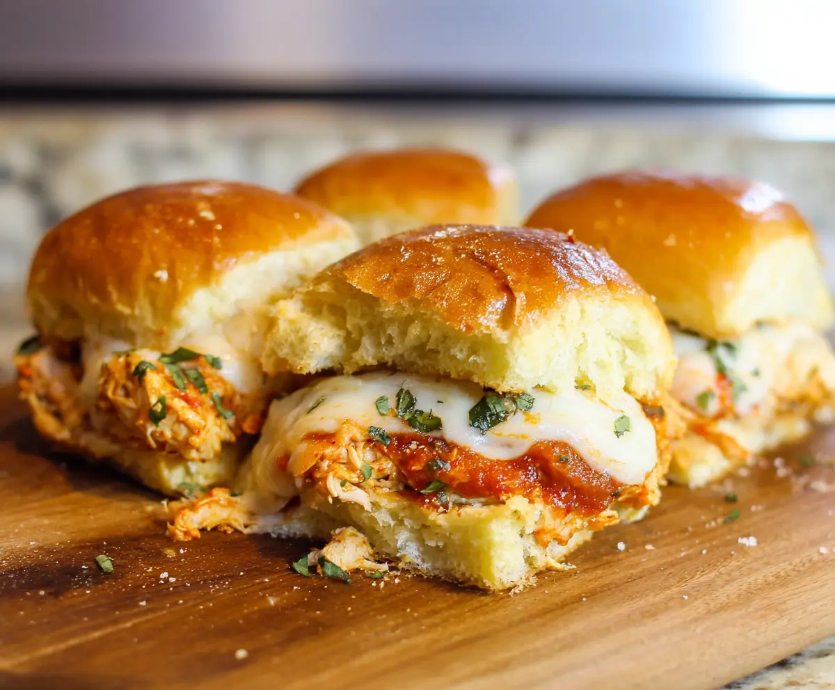Savory Garlic Chicken Parmesan Sliders topped with melted cheese and fresh herbs