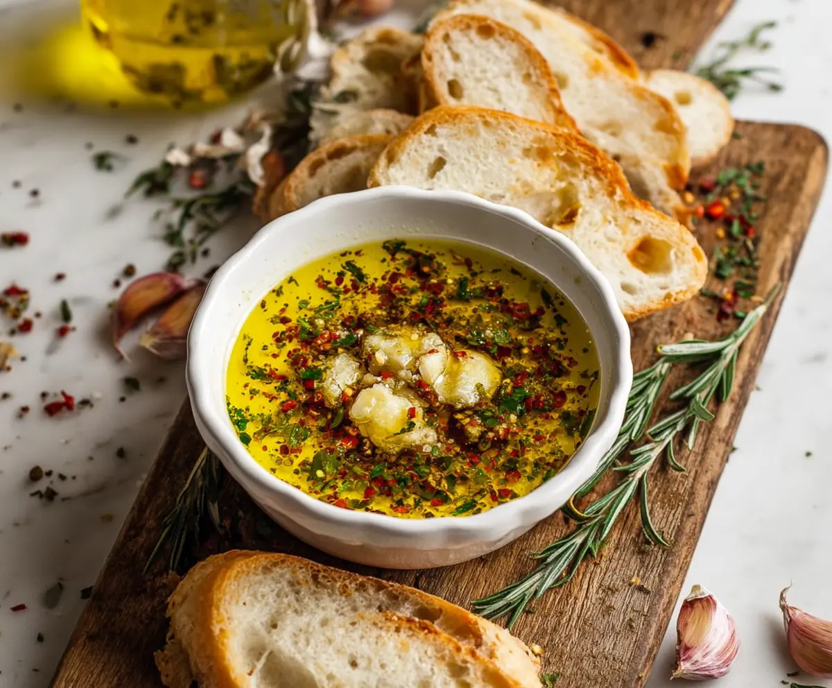 Delicious garlic olive oil dip served in a clear bowl on a rustic wooden table.