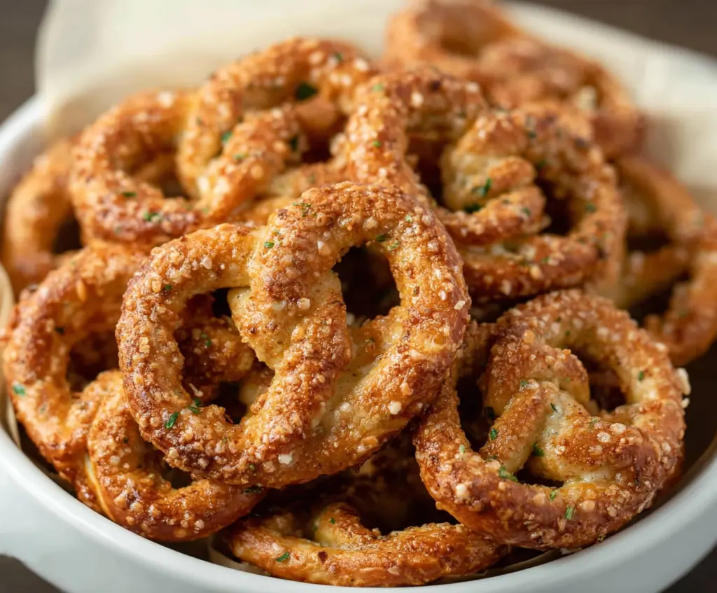 Crunchy garlic ranch pretzels with savory seasoning in a close-up shot.