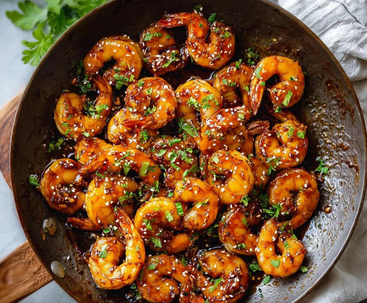 Delicious glazed honey garlic shrimp served on a plate, garnished with fresh herbs.