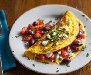 Delicious Greek Omelet with fresh vegetables and feta cheese served on a plate.