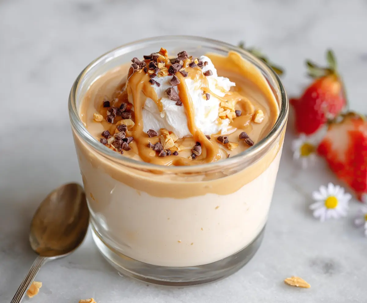 Creamy Greek yogurt peanut butter protein pudding in a glass bowl, topped with sliced bananas and chia seeds.
