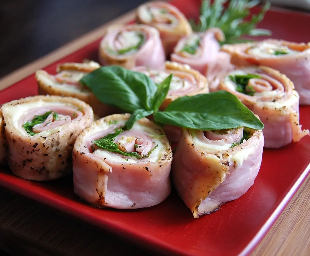Delicious ham roll ups with cheese and herbs on a rustic wooden platter