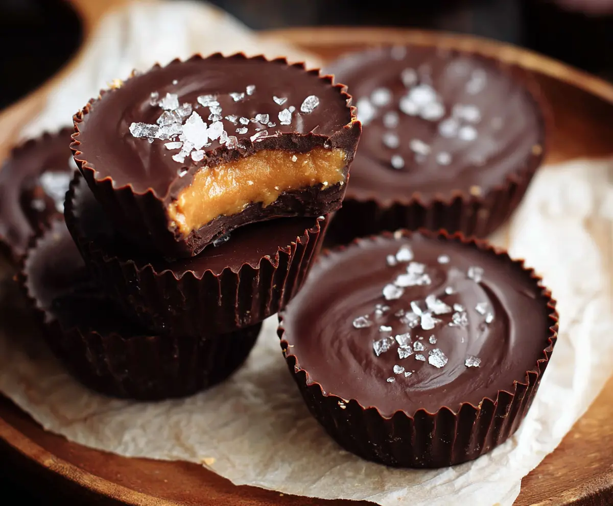 Delicious homemade dark chocolate peanut butter cups on a white plate