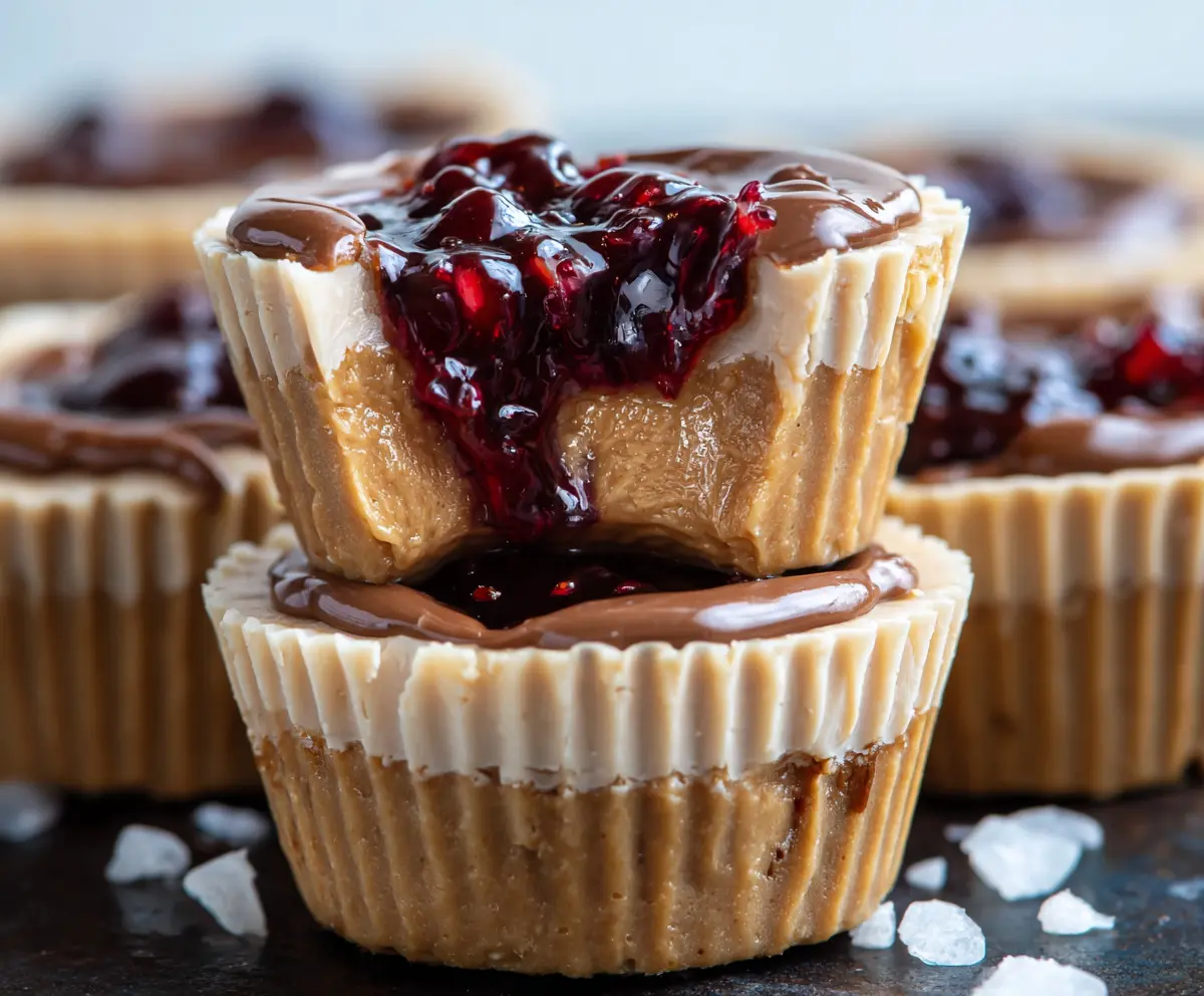 Healthy peanut butter and jelly cups in a glass bowl, featuring colorful fruit and nut ingredients.