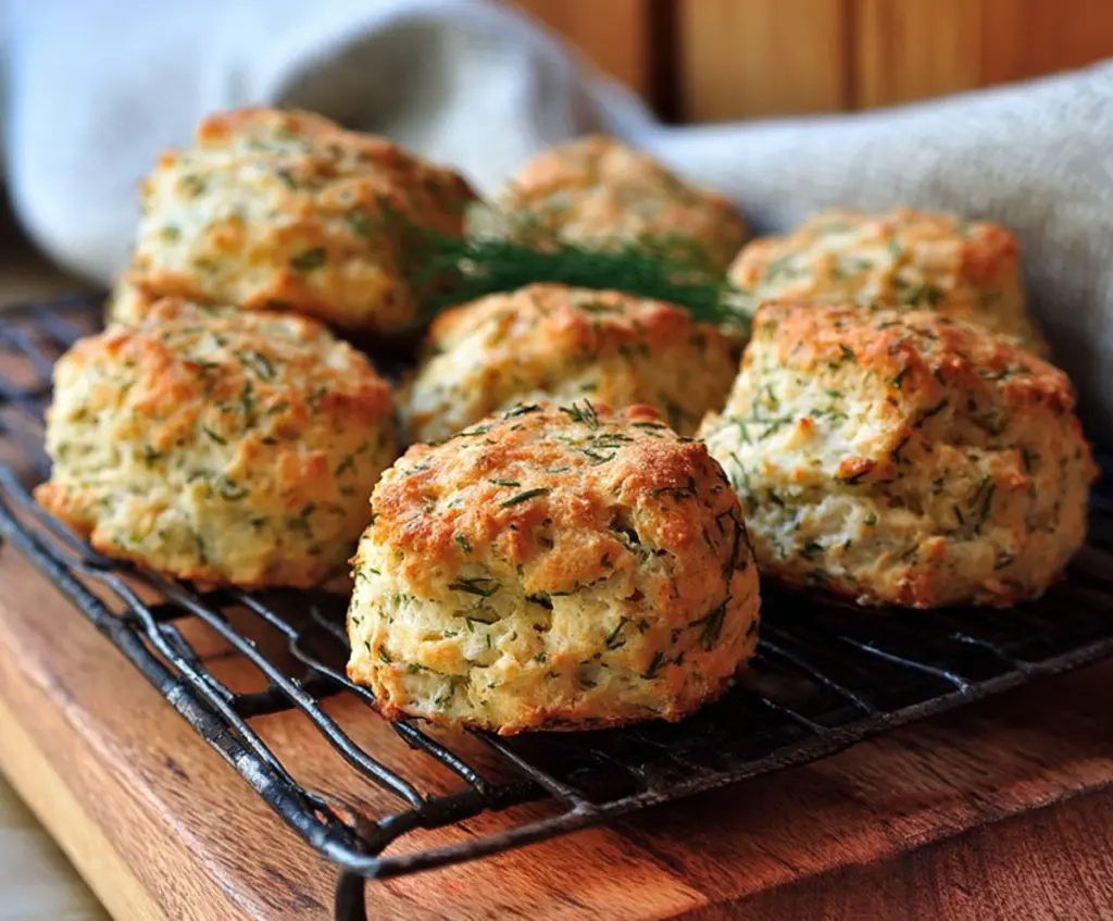 Delicious herbed cottage cheese biscuits fresh out of the oven, showcasing a golden-brown crust and green herb topping.