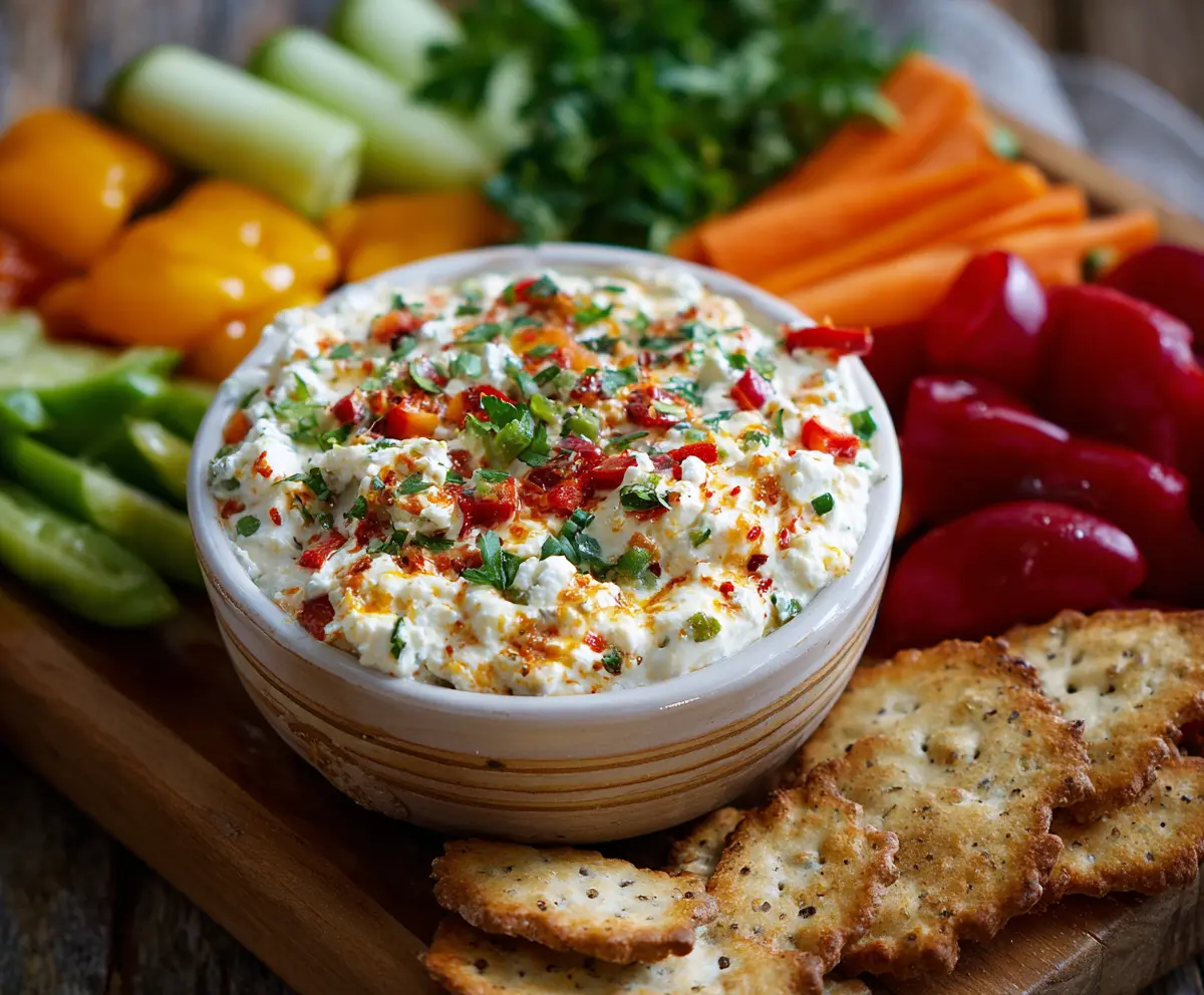 High protein cottage cheese giardiniera dip in a bowl, garnished with fresh herbs and vegetables.