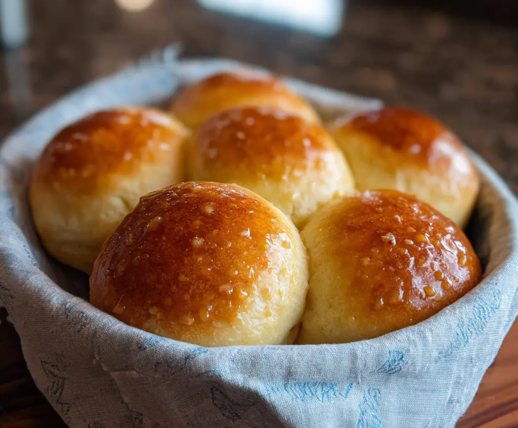 Golden Honey Butter Sourdough Discard Rolls on a rustic wooden table, freshly baked and fragrant.