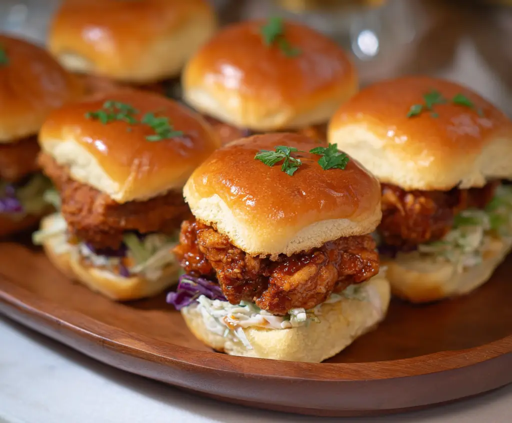 Delicious Hot Honey Chicken Sliders with melted cheese and fresh toppings on a plate.