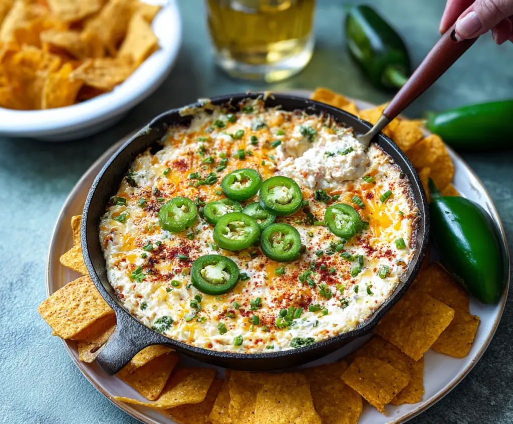 Creamy Jalapeno Popper Protein Dip with melted cheese, chopped jalapenos, and crispy bacon chips.