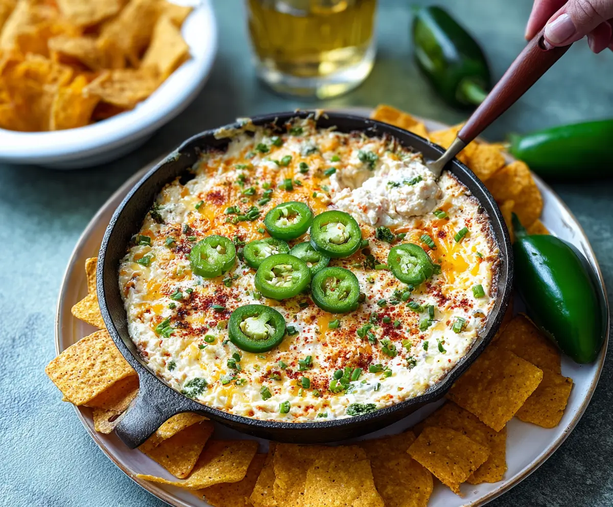 Creamy Jalapeno Popper Protein Dip with melted cheese, chopped jalapenos, and crispy bacon chips.