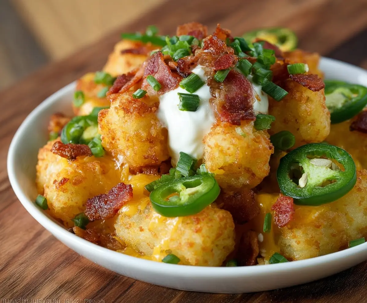 Delicious jalapeno popper tater tots topped with melted cheese and crispy bacon bites.