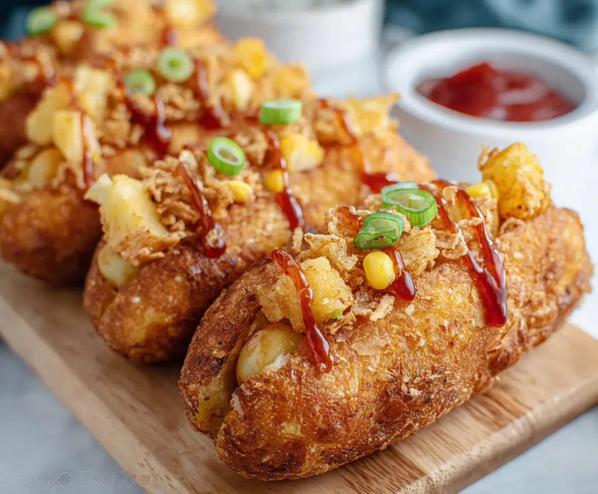 Delicious Korean Potato Hot Dog topped with crispy fries and melted cheese.