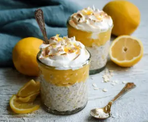 A delicious Lemon Meringue Pie Overnight Oats breakfast with lemon zest, fluffy meringue, and crunchy crust in a glass jar.