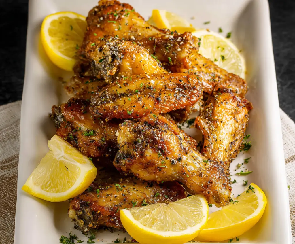 Juicy Lemon Pepper Wings on a plate with lemon slices and herbs for a flavorful appetizer.