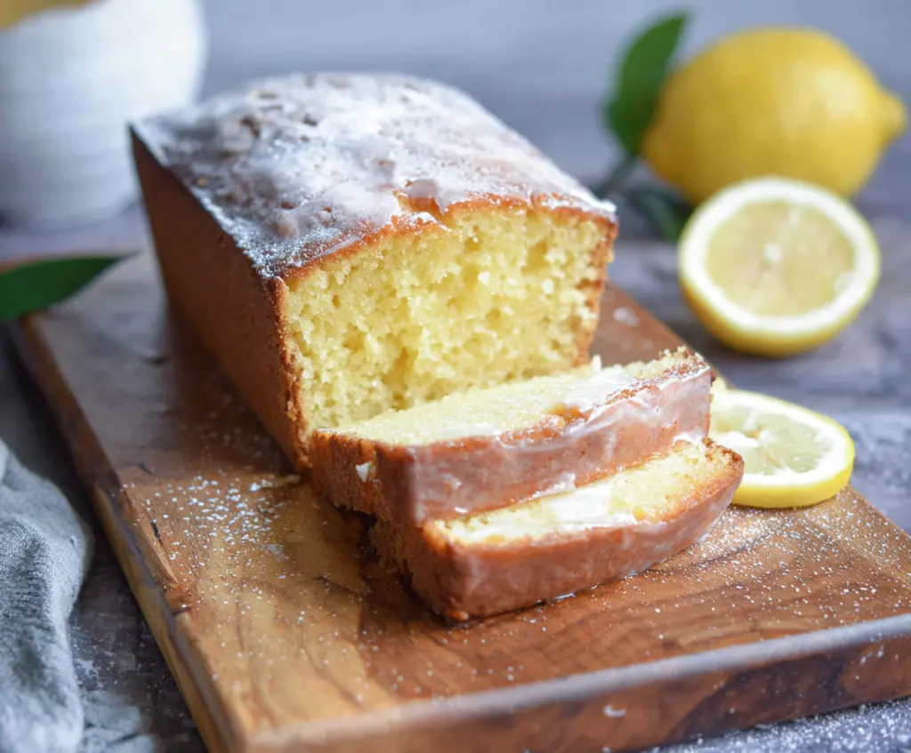 Delicious lemon sourdough discard cake topped with fresh lemon slices and powdered sugar.
