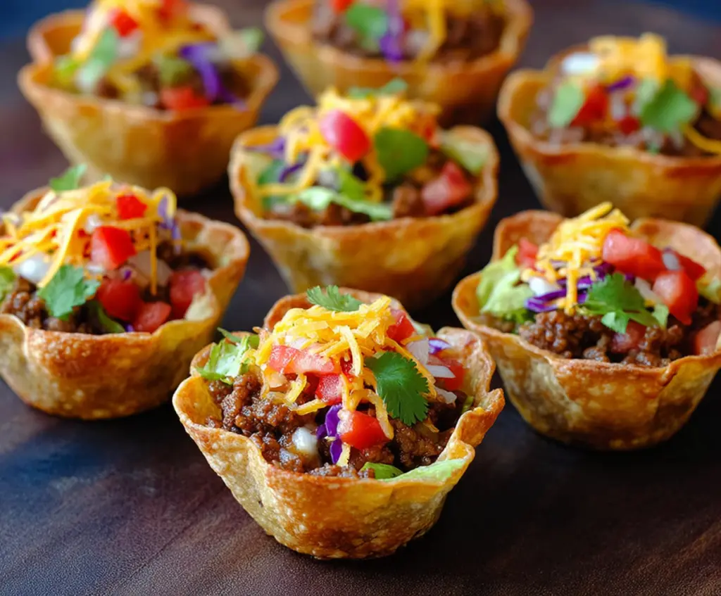 Delicious lil taco cups filled with seasoned meat, cheese, and fresh toppings, ready to serve as a tasty appetizer.