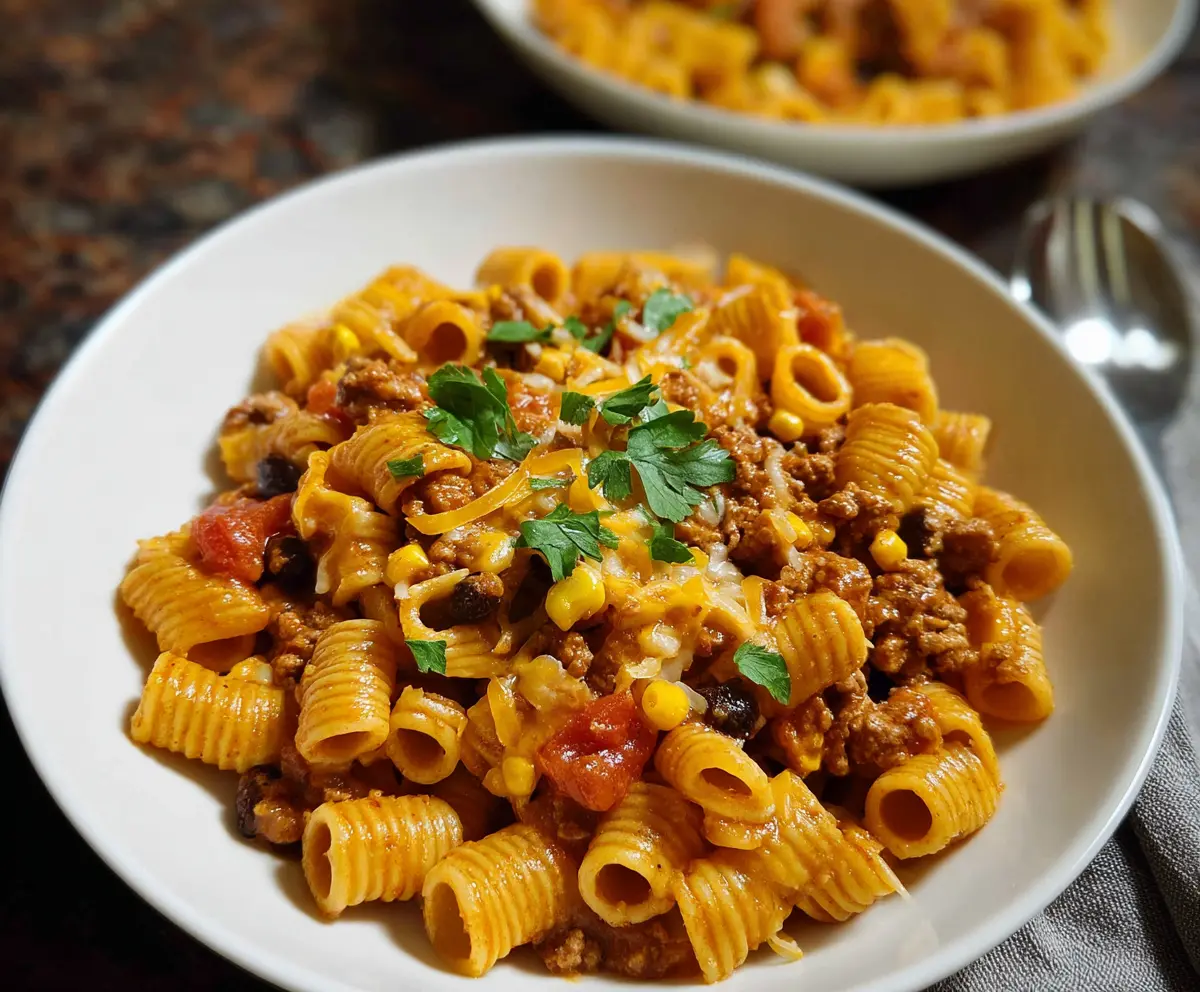 Delicious Mexican pasta with vibrant vegetables and spicy sauce on a plate.