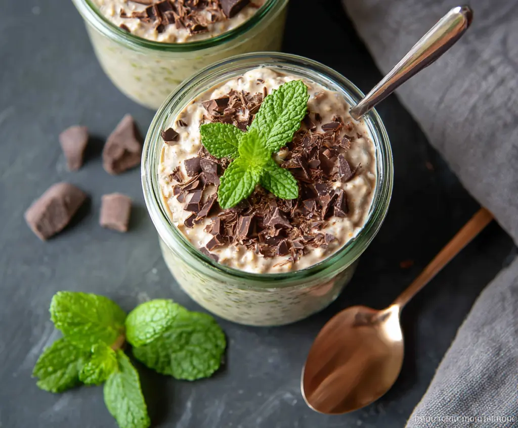 Creamy mint chocolate chip overnight oats in a glass jar garnished with fresh mint leaves