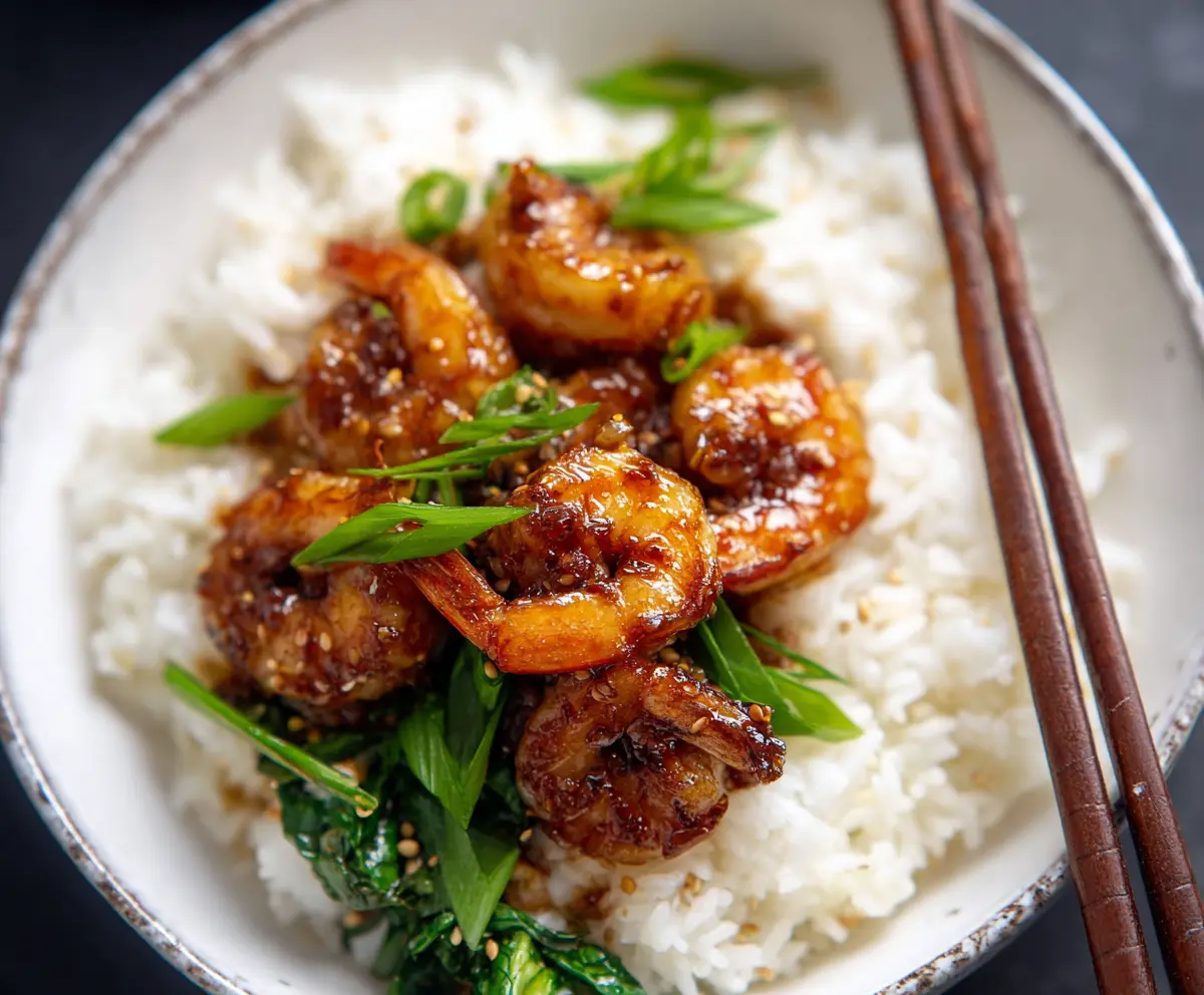 Delicious Mongolian Shrimp served with vegetables on a plate