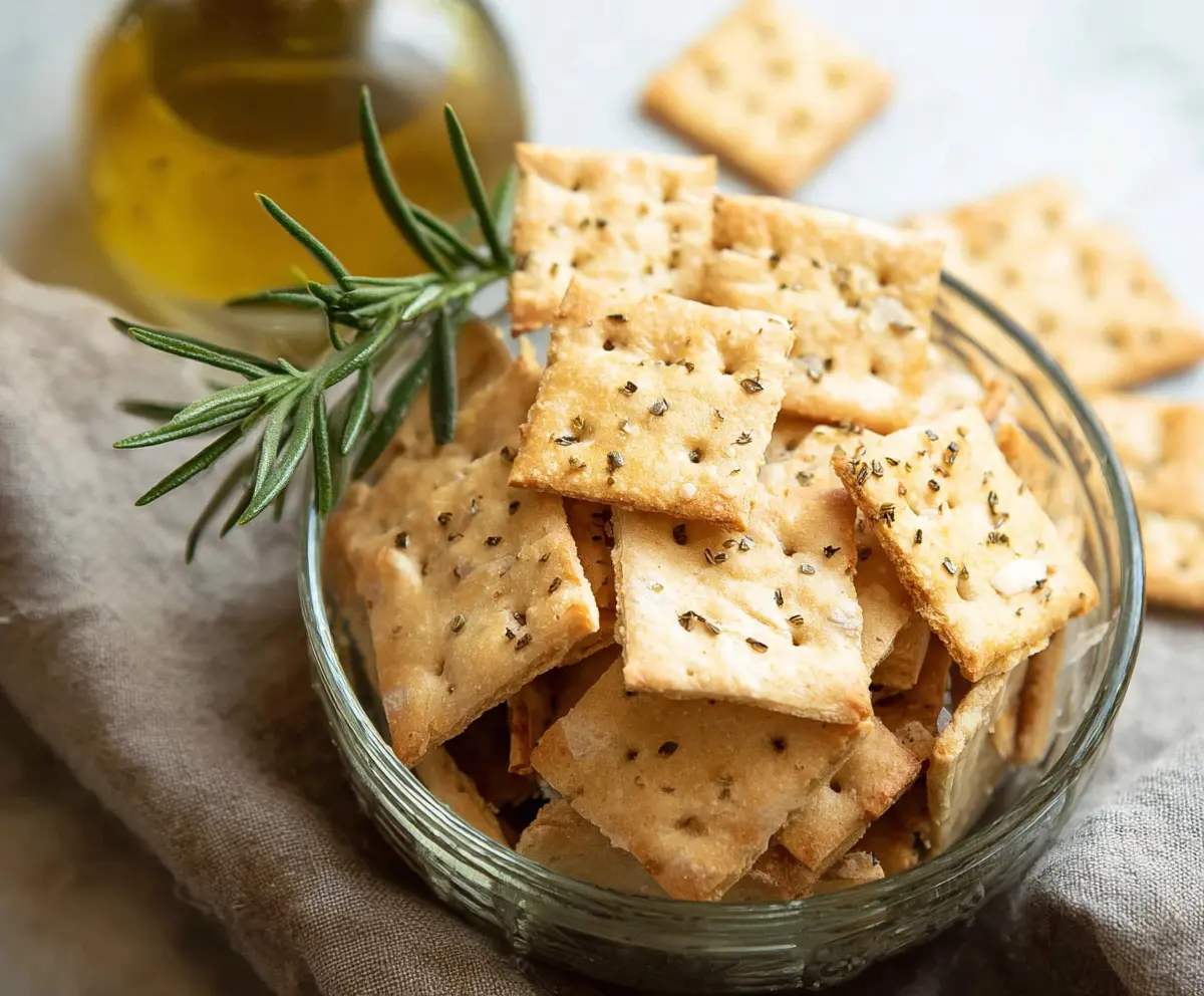 Homemade olive oil sourdough discard crackers crispy and golden on a rustic wooden table.