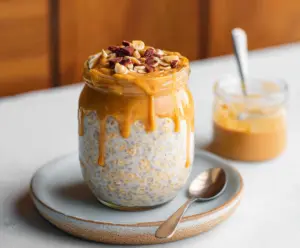 Creamy overnight oats topped with peanut butter and fresh berries for a nutritious breakfast.