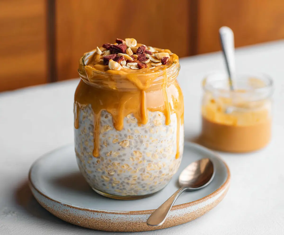 Creamy overnight oats topped with peanut butter and fresh berries for a nutritious breakfast.