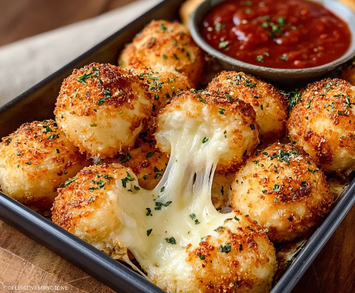 Golden Parmesan mozzarella bites served with fresh marinara sauce for a delicious appetizer.