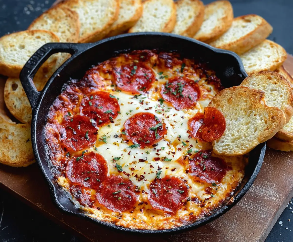 Creamy pepperoni and cheese pizza dip served with fresh herbs and crispy crust