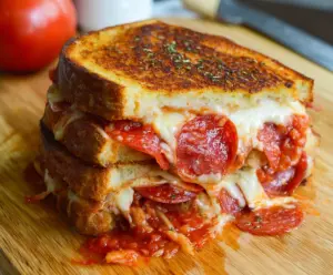 Delicious pepperoni pizza grilled cheese sandwich with melted cheese and crispy bread.
