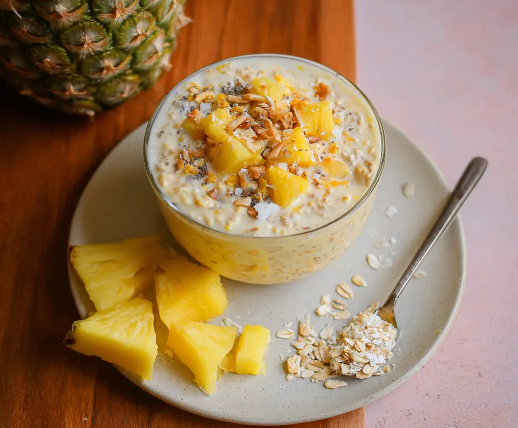 Creamy pineapple overnight oats topped with fresh fruit for a healthy breakfast.