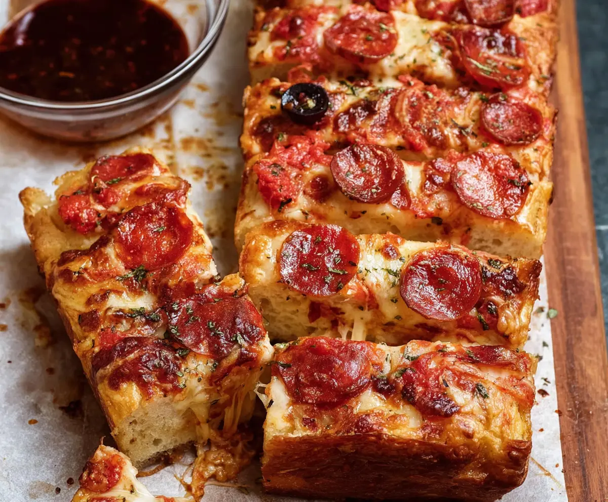 Delicious homemade pizza bread topped with melted cheese and fresh herbs.