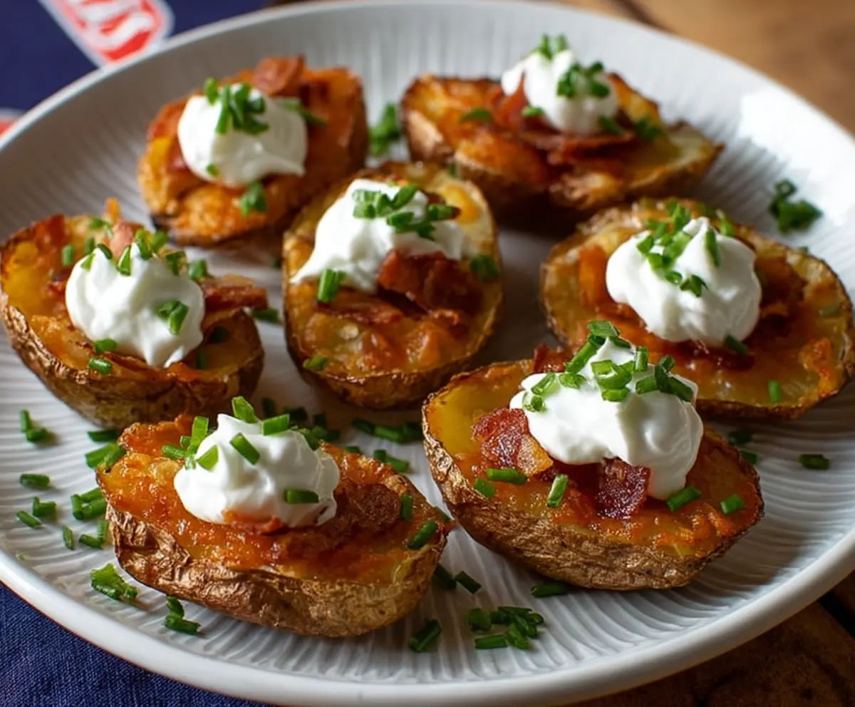 Golden potato skin bites topped with melted cheese and herbs, perfect for appetizer or snack