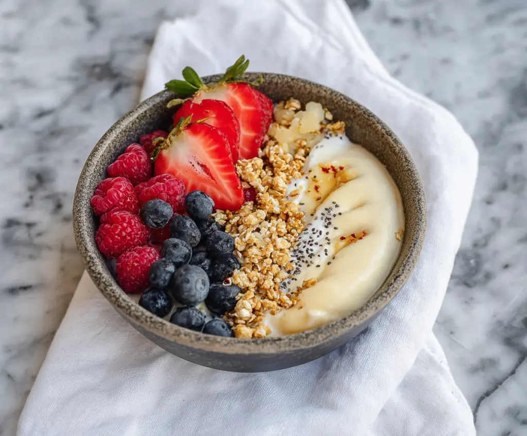 Healthy protein yogurt bowl topped with fresh berries and granola perfect for a nutritious breakfast