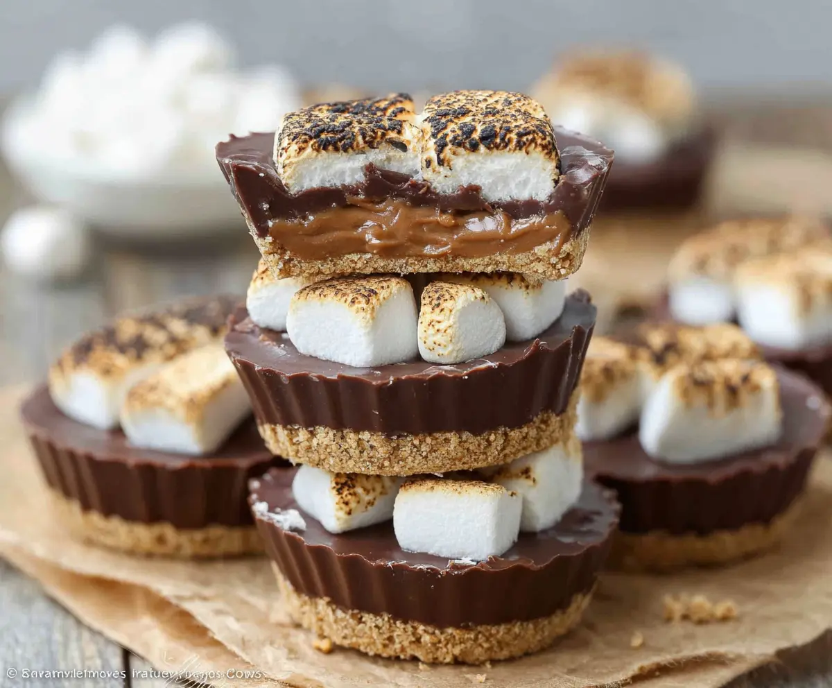 Delicious S'mores Peanut Butter Cups with gooey marshmallow and chocolate topping