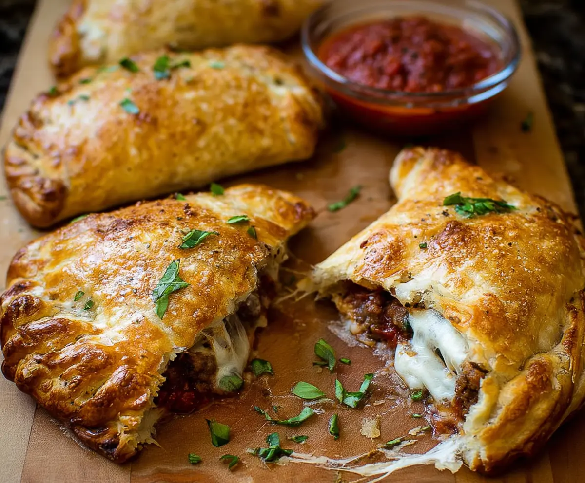 Delicious sausage calzones with melted cheese and crispy crust, perfect for a tasty snack or meal.