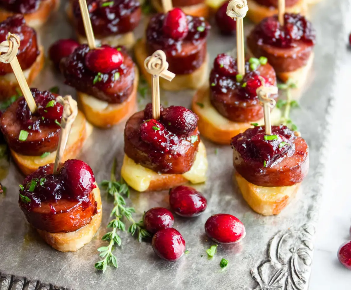 Delicious sheet pan smoked sausage cranberry bites served on a platter, perfect for festive gatherings.