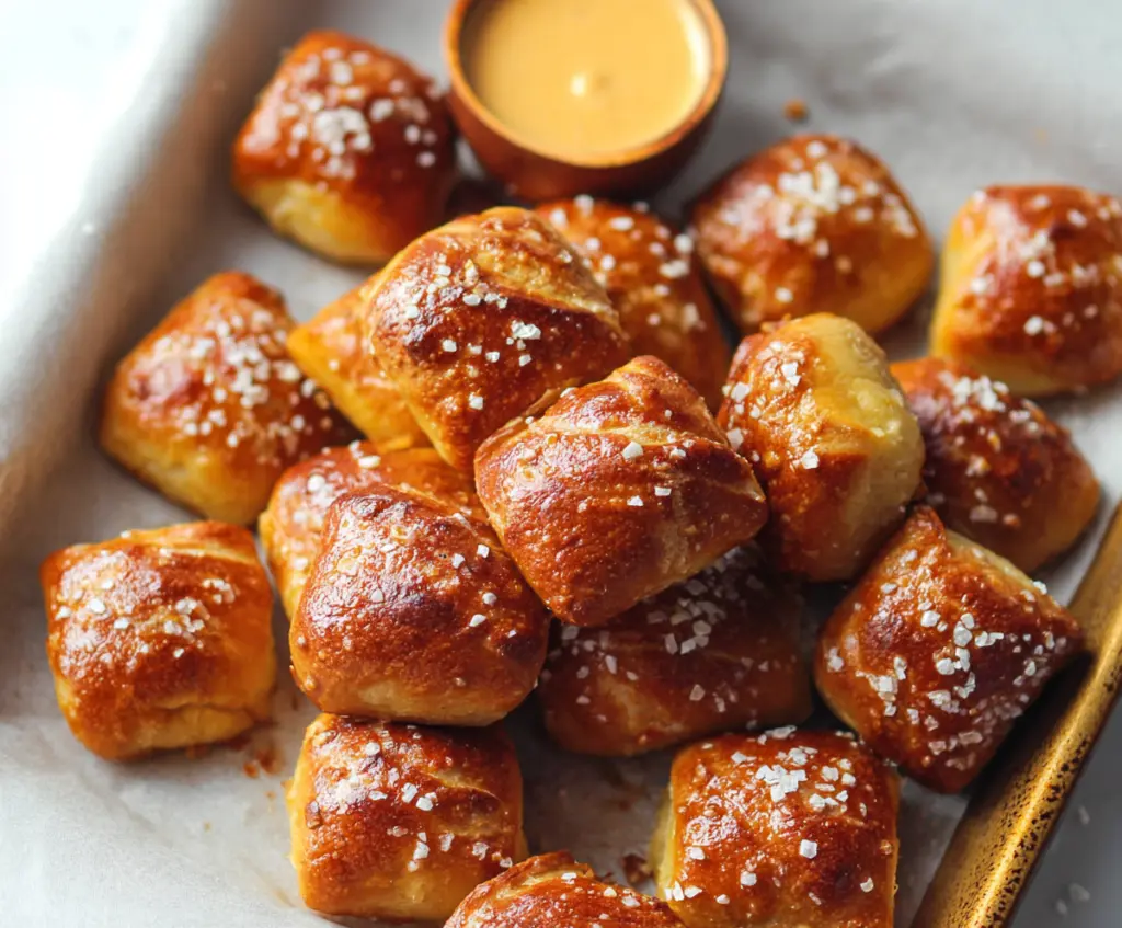 Delicious soft pretzel bites served on a white plate, perfect for snacking or parties.
