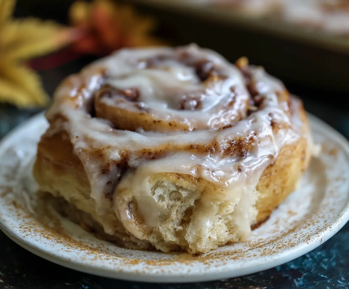 Delicious Sourdough Apple Cider Cinnamon Rolls topped with glaze, perfect for breakfast or snack.