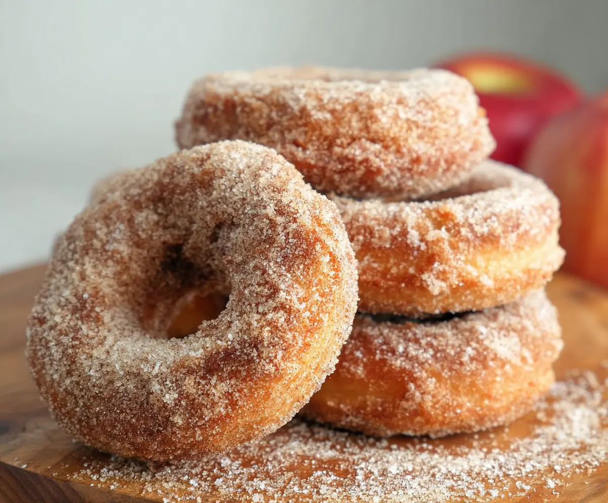 Homemade sourdough discard apple cider donuts bread on a rustic wooden table, golden brown and topped with powdered sugar.