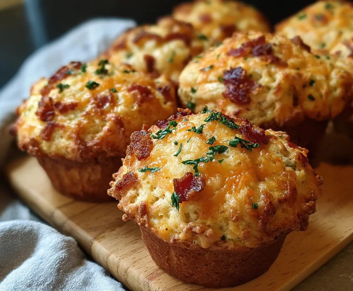 Delicious sourdough discard bacon and cheddar breakfast muffins on a plate, perfect for breakfast or brunch.