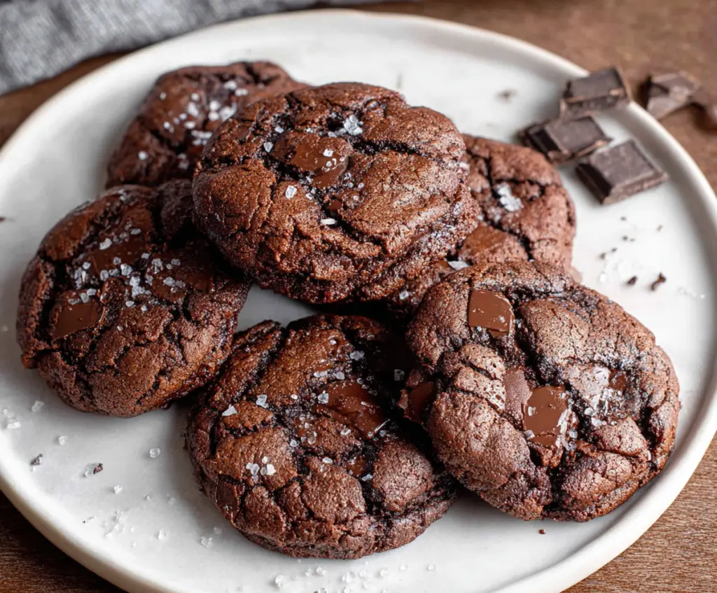 Delicious Sourdough Discard Chocolate Brownie Cookies on a white plate, showcasing their fudgy texture and rich chocolate flavor.