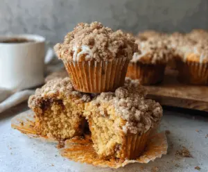 Delicious sourdough discard coffee cake muffins with a golden crust served on a rustic plate.
