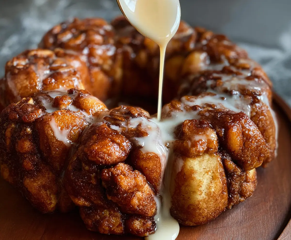Delicious sourdough discard monkey bread topped with glaze and sprinkled with pecans.