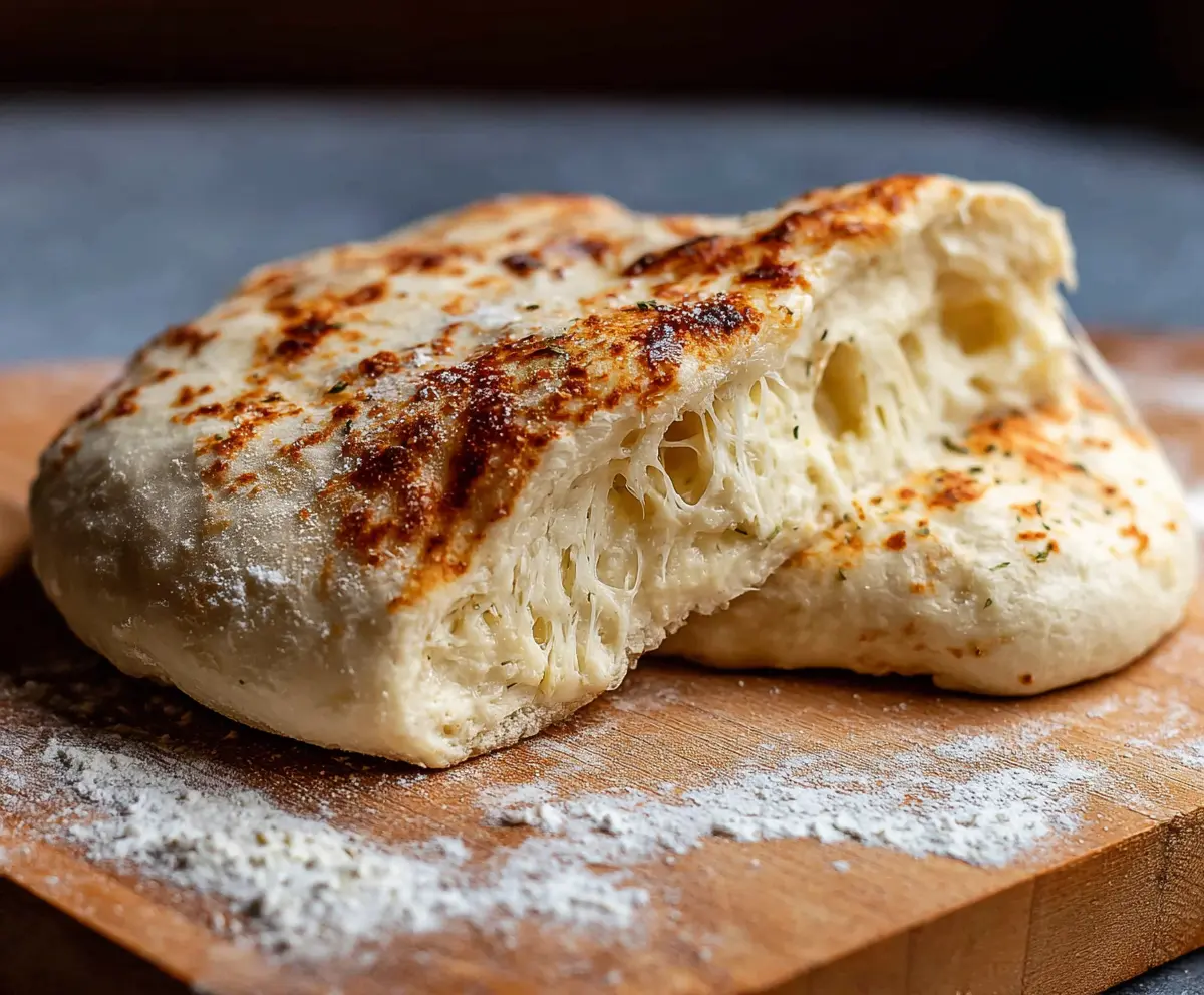 Homemade sourdough discard pizza dough fresh out of the oven, crispy crust and bubbling cheese.