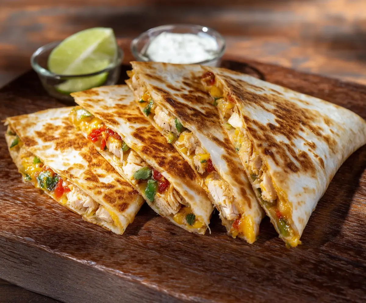 Delicious Southwest Chicken Quesadillas with melted cheese and colorful vegetables on a plate.
