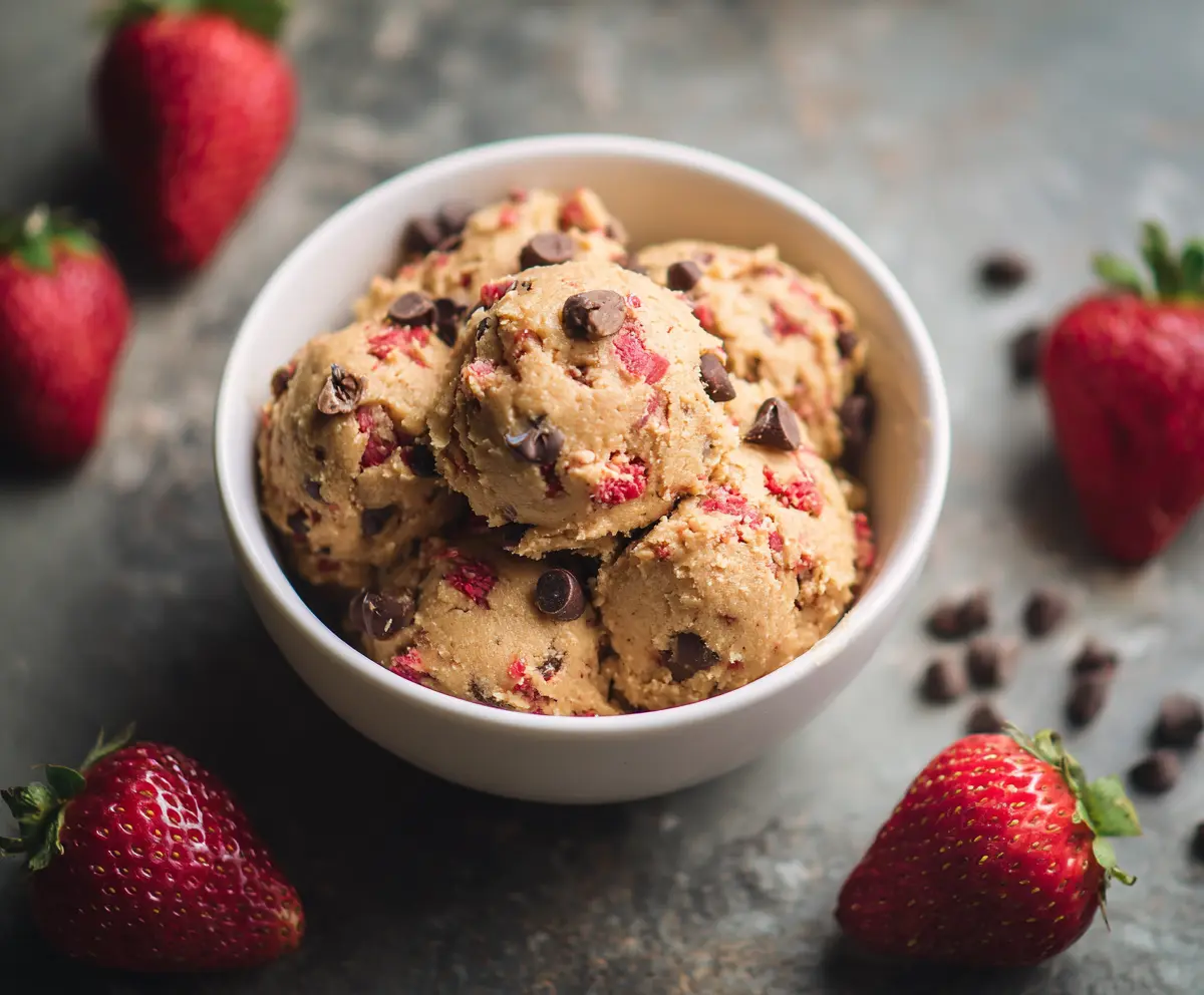 Delicious strawberry protein cookie dough with rich texture and vibrant red color.
