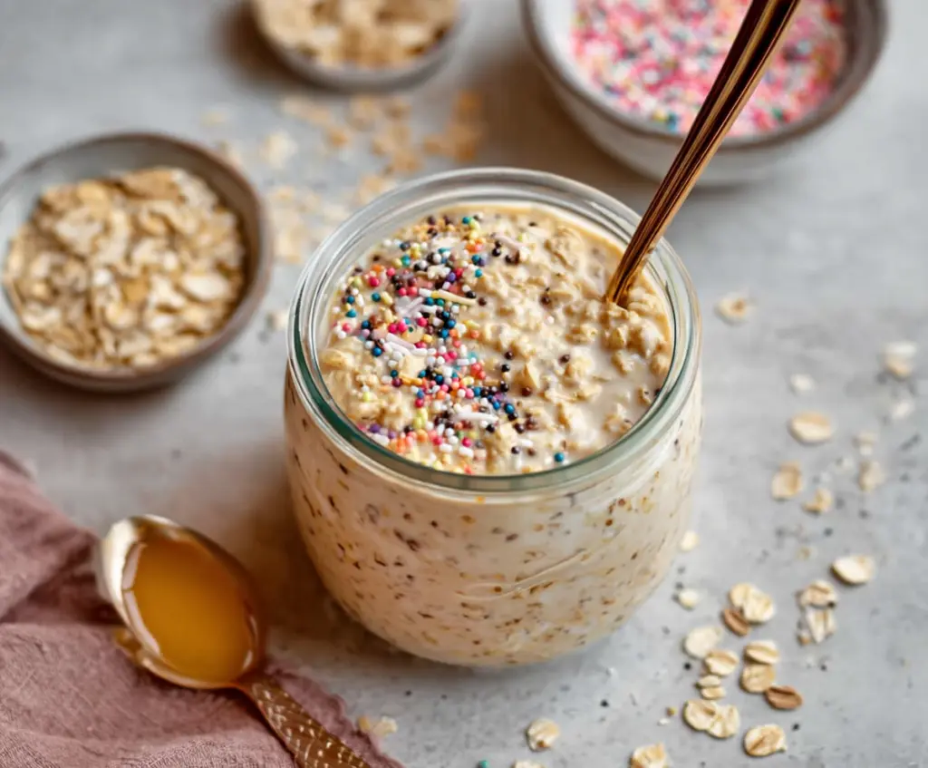 Delicious Sugar Cookie Overnight Oats garnished with sprinkles and a cookie on a white plate.