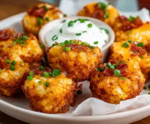 Delicious golden Tater Tot Bites served with dipping sauce, perfect for snacks or appetizers.