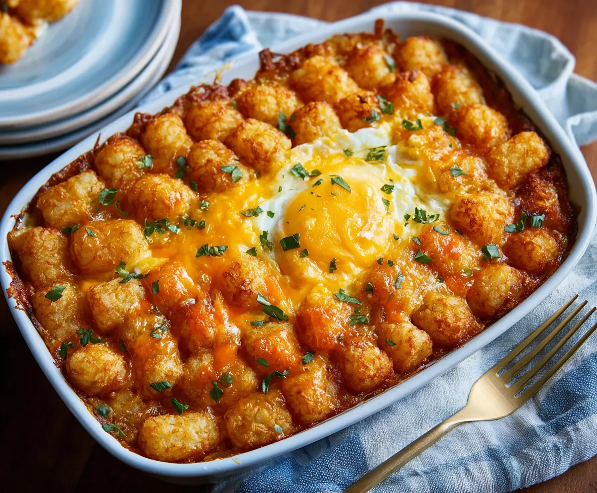 Delicious Tater Tot Egg Breakfast Casserole in a baking dish, ready to serve for breakfast or brunch.